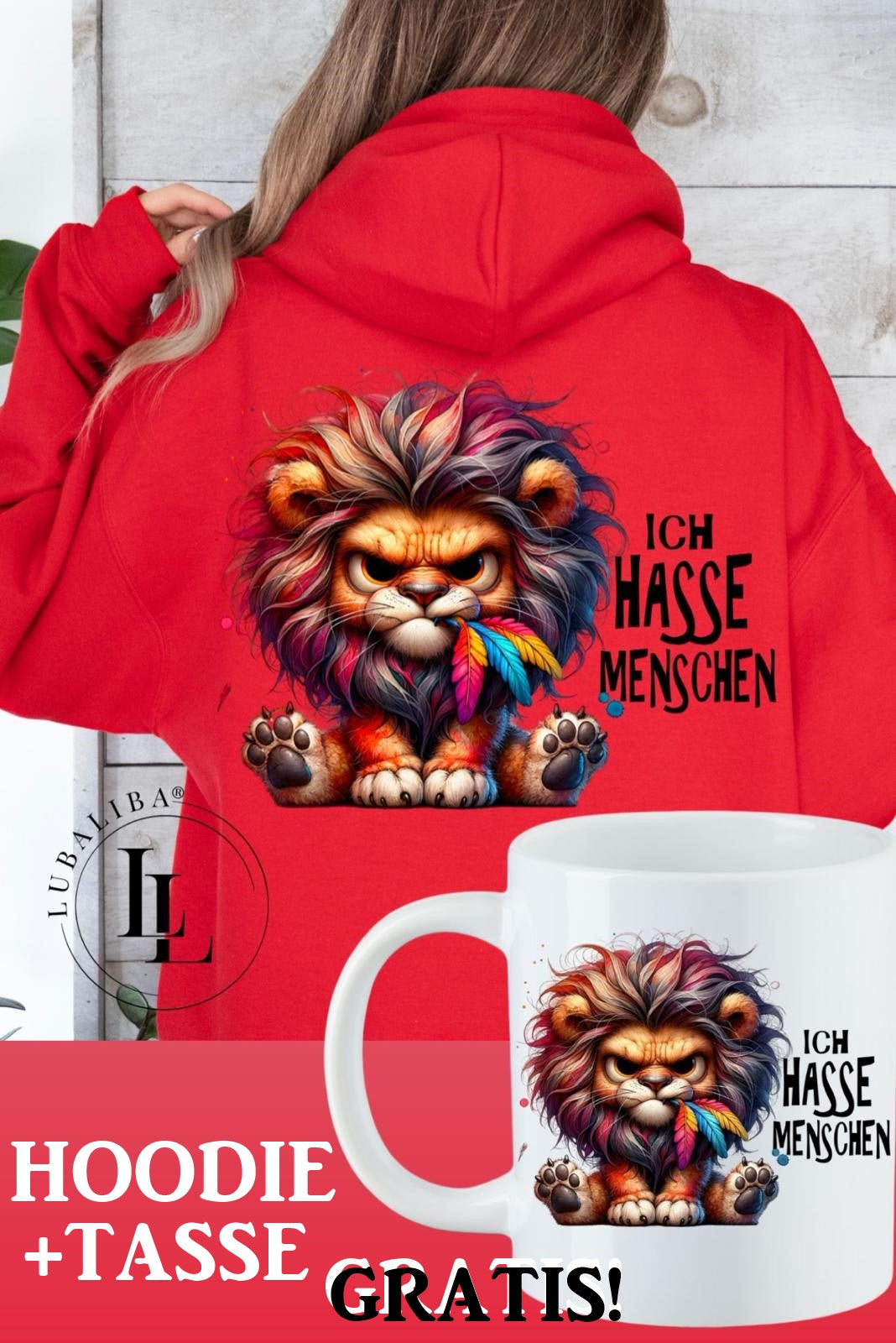 Hoodie Rot + TASSE " Ich Hasse Menschen Löwe Lio Tasse Keramik Motiv: TAF